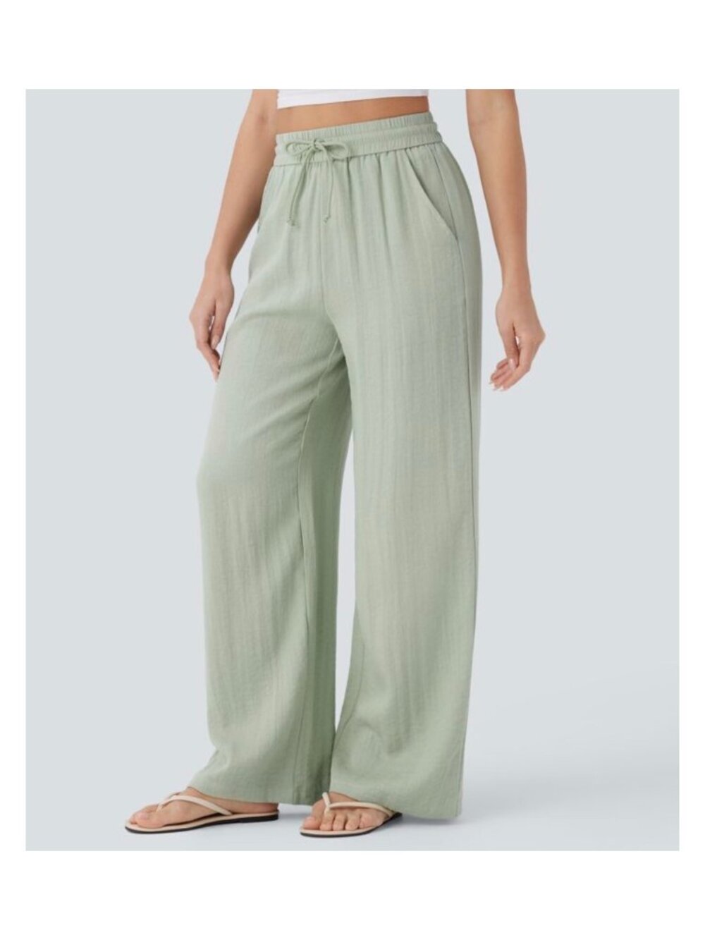 Halara Womens L Petite Wide-Leg Pants In Sage Green Size Large Lightweight Draws